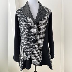 MINKAS Blazer Jacket Houndstooth Knit Faux Leather Lapel Patchwork Trapeze Cut